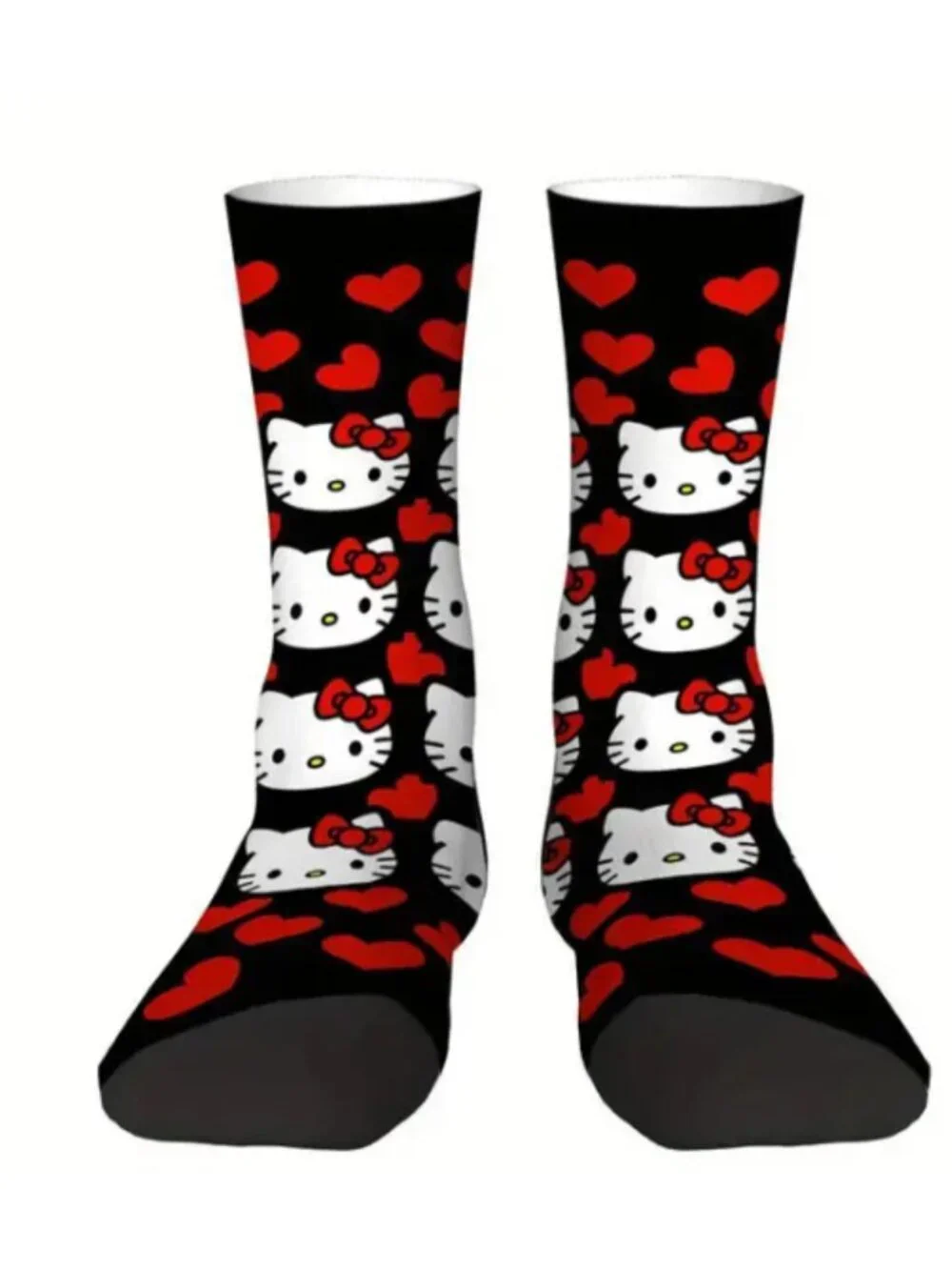Hello Kitty & Red Hearts Mid-Calf Socks Cute Cartoon Cat Design One Size